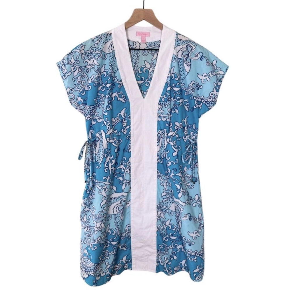 Lilly Pulitzer Dress Short Sleeve V Neck Mini Dress Pattern Blue White Size L